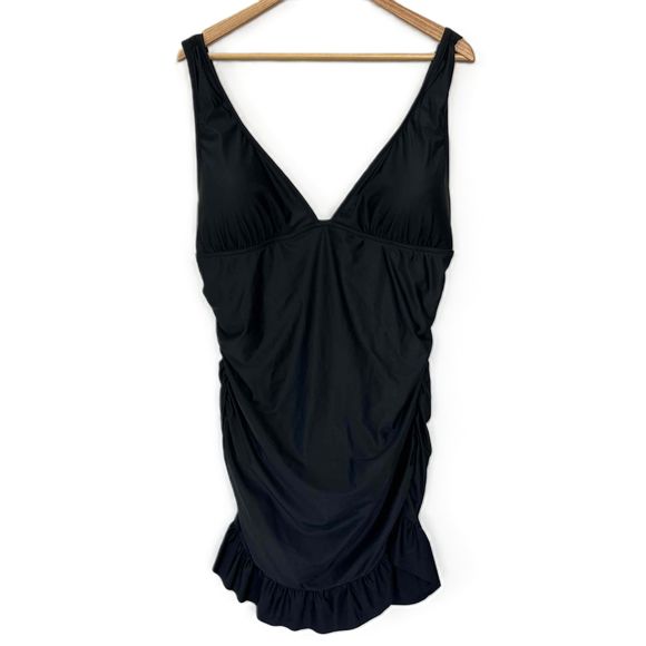 NWT J.Crew Size 18 One Piece Black Swim Dress V-Neck Ruched‎ Swimwear